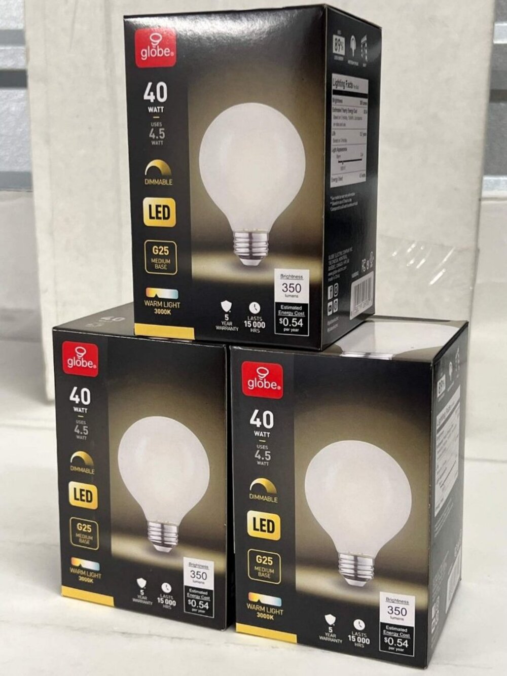 Globe G25 Dimmable LED Light Bulbs 40W Warm Light 3000K Medium Base Lot of 3